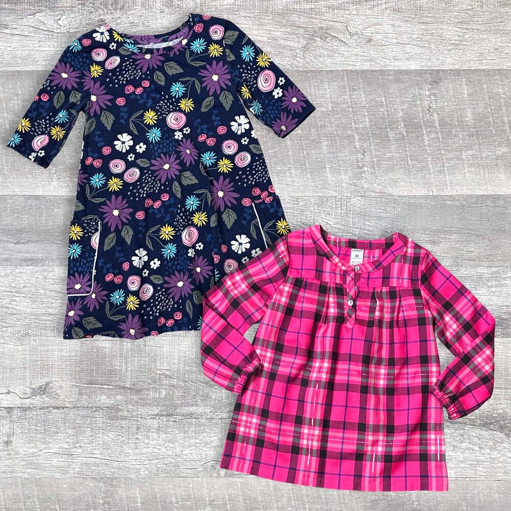 Carters Bundle Tunic Tops Girls 4T Plaid Pink & Navy Floral Dresses Long Shirts